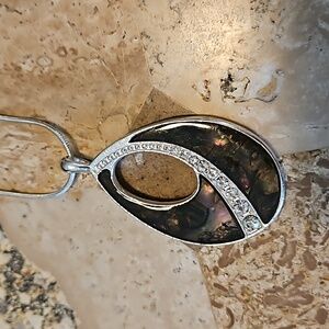 KC Signed Kenneth Cole Faux Abalone Rhinestones Teardrop Pendant Necklace Silver